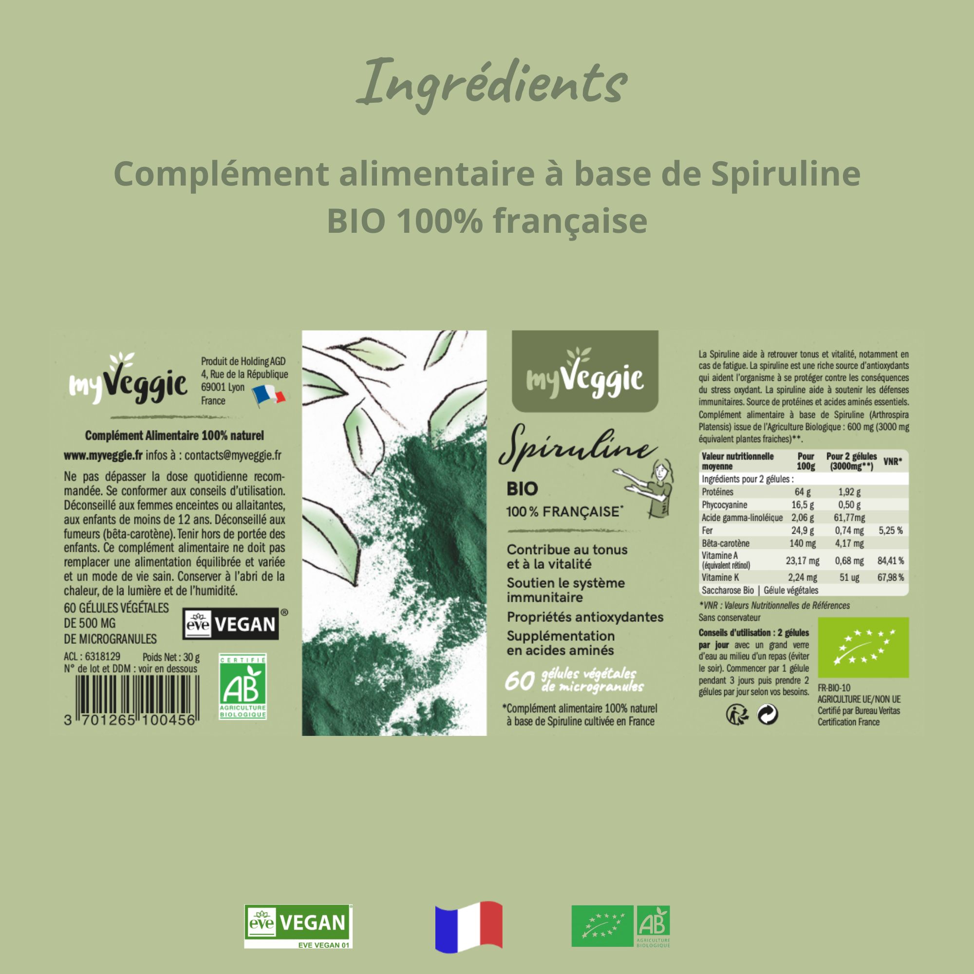 Detailed composition of myVeggie 100% French Organic Spirulina